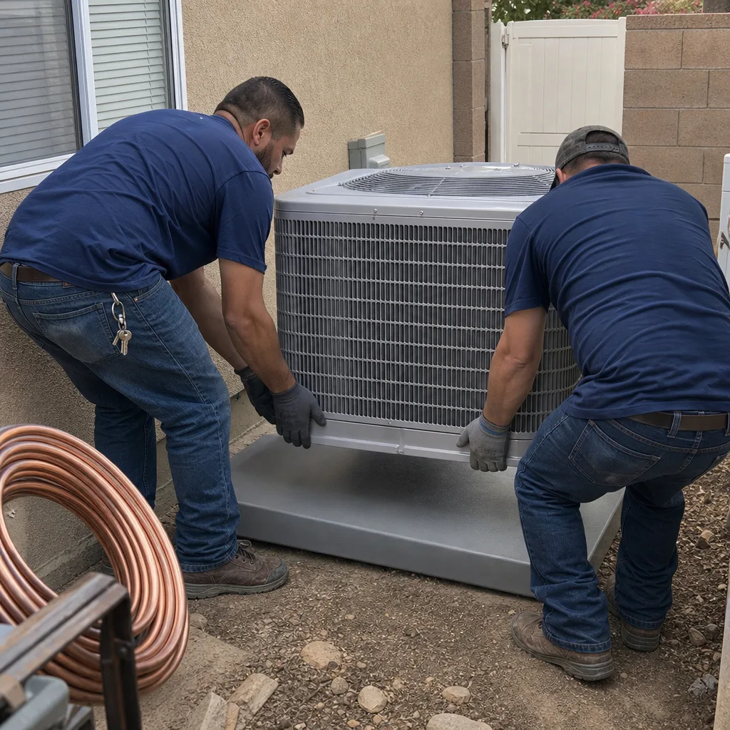 Two technicians installing a new residential air conditioning unit