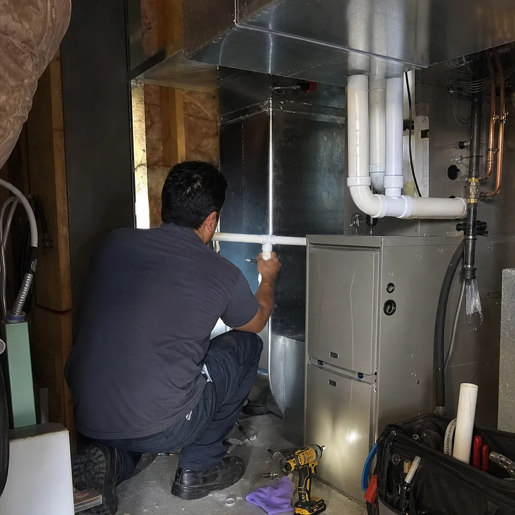 HVAC technician performing professional furnace repair and maintenance