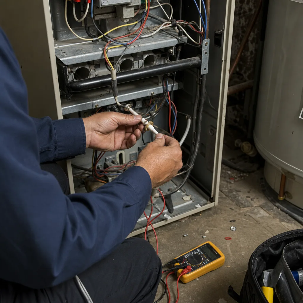 HVAC technician performing furnace repair and maintenance on a home heating system
