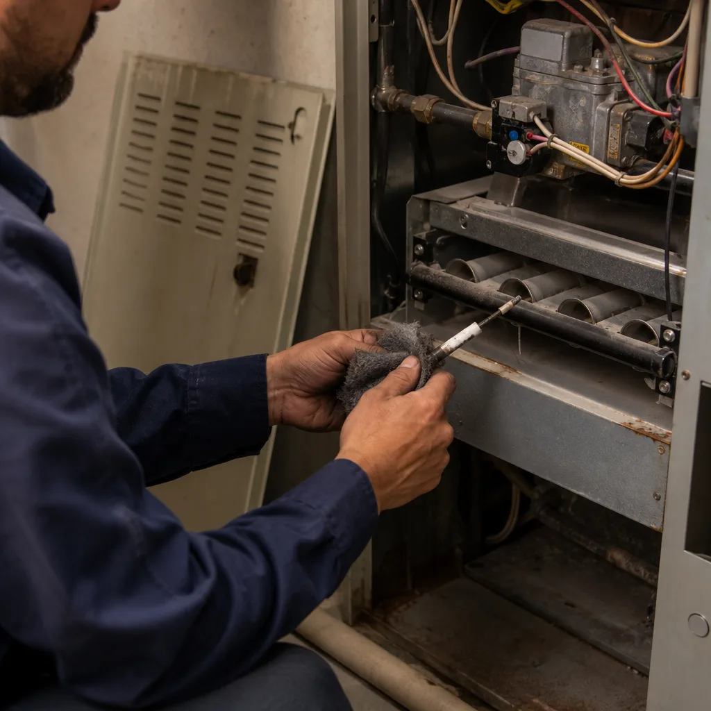 HVAC technician cleaning furnace flame sensor during routine furnace repair