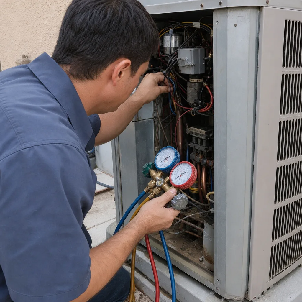 HVAC technician performing professional heat pump installation and maintenance