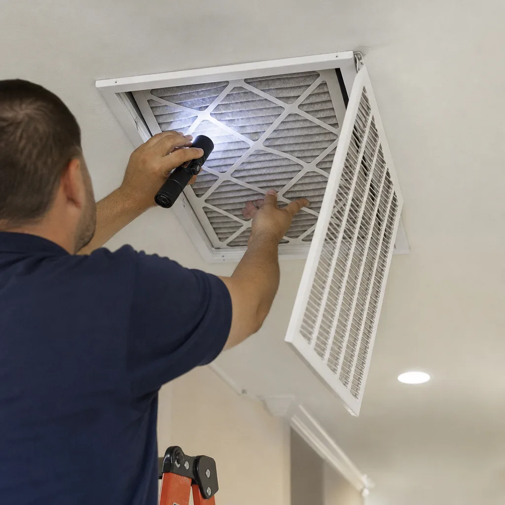 HVAC technician inspecting ceiling air filter with flashlight